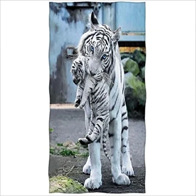 Image of YISUMEI Bath Towel, White Tiger, Animal Motifs, Microfibre Beach 70 x 140 cm
