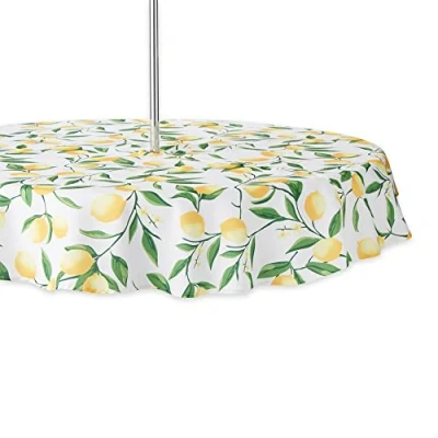 Image of DII CAMZ11291 Spring &amp; Summer Outdoor Tablecloth, Spill Proof and Waterproof with Zipper Umbrella Hole, Host Backyard Parties, BBQs, Family Gatherings (Seats 2 to 4), 60&quot; Round w, Lemon Bliss