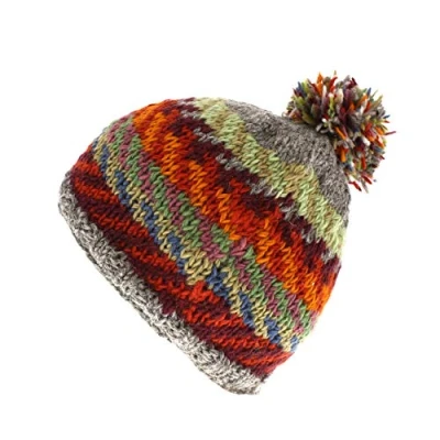 Image of Pachamama Women Wool Beanie Bobble Hat Fleece Lined Handknitted Fairisle Chevron Multicoloured One Size Handmade Extra Warm Fair Trade