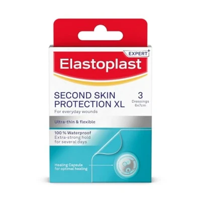 Image of Elastoplast Second Skin Protection Faster Healing XL Dressings (3 Plasters), Hydrocolloid with Advanced and Flexible Healing, Ultra Thin Waterproof
