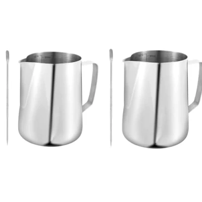 Image of Coffee Milk Frother Jug 900ml Stainless Steel Frothing Pitcher Barista Cup with Measurement Mark &amp; Latte Art Pen for Cappuccino Espresso Machine (2 Pcs)