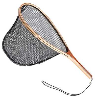 Image of Porfeet Fishing Landing Net, Wooden Handle Rubber/Nylon Mesh Fly Net Catch Release Scoop black Nylon