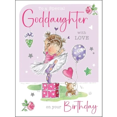 Image of Jonny Javelin Special Goddaughter Birthday Card Happy with Ballerina and Balloon Design Flitter Foil Details for Girls
