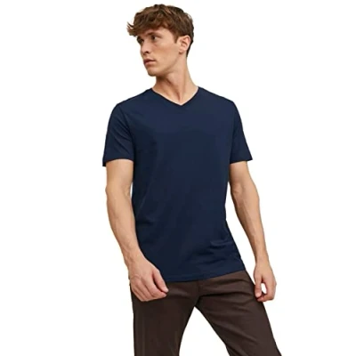 Image of JACK &amp; JONES Men&#039;s Jjeorganic Basic Tee Ss V Neck Noos Top, Blazer Navy, S