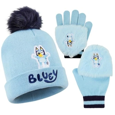 Image of Bluey Girls Winter Accessories Set, Beanie Hat and Gloves Gifts for (Blue)