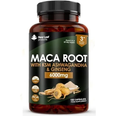 Image of Maca Root Capsules with KSM Ashwagandha and Ginseng 180 High Strength 6000mg + 66, Panax &amp; Black Pepper Vegan Made in The UK
