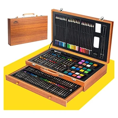 Image of WEEKSUN 141 Pieces Art Set, Deluxe Drawing Kit in Wooden Case with Crayons, Oil Pastels, Colored Pencils, Sketch Watercolor Cake, etc, Supplies Gift for Kids Teens Adults Artists