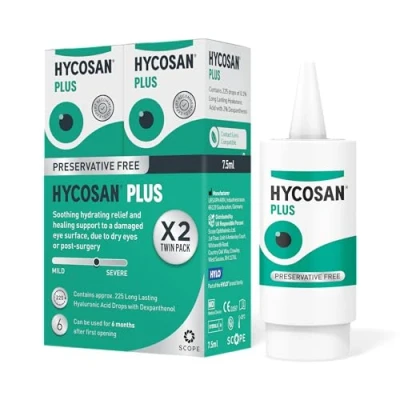 Image of Hycosan Plus Twin Pack Dry Eye Drops with Hyaluronic Acid and Dexpanthenol for Relief Healing Support Eyes Recovering from Injury or Surgery Preservative Free 2 x 225 Measured