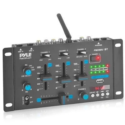 Image of Pyle 3 Channel Professional DJ Mixer Bluetooth Audio Controller with USB Interface, Mic Talkover, Dual RCA Phono/Line Inputs, Headphone Output &amp; Input Wireless Compatible