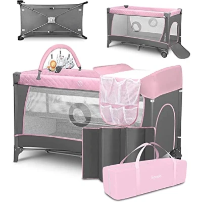 Image of lionelo Flower 2 in 1 Travel Cot and Playpen with Changing Table for Newborns Toddlers 0 36 kg, level Mattress height, Mesh Walls, Side Entry, Toy Bar, LockGuard Safety, System Quick Fold, Bag