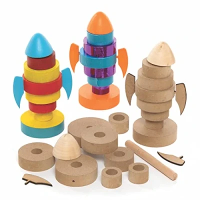 Image of Baker Ross FC163 Rocket Wooden Stacking Kits Pack of 2, Craft Activities for Kids to Assemble, Decorate and Display, Wood Crafts Children