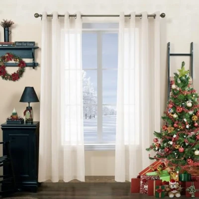 Image of CUCRAF Voile Sheer Curtain, Eyelet Top Solid Linen Look Curtains for Living Room, Window Treatments Volile Curtain Bedroom, 2 Panels (Linen Color, 55&quot; Wx90 L)