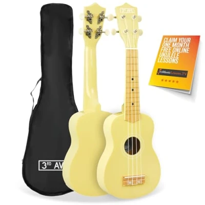 Image of 3rd Avenue Soprano Ukulele Beginner 21 Inch 4 Nylon Strings with FREE Uke Bag Pastel Yellow 1 Month Online Lessons