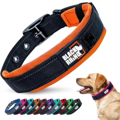 Image of Black Rhino, The Comfort Collar, Dog Collar for All Breeds, Ultra Soft Neoprene Padded Sturdy, Adjustable, Reflective and Weather Resistant, Small, Orange/Black