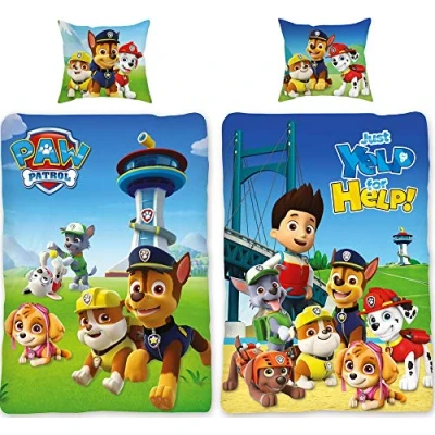 Image of Paw Patrol Team Blue Bed Linen, 135 cm x 200 + 80 cm, 100% Cotton, Renforcé Linon Quality, Chase, Marshall, Rocky, Zuma, Rubble, Skye, Ryder, Reversible German Size, Zip