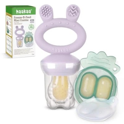 Image of Haakaa Baby Fruit Food Feeder &amp; Mini Freezer Nibble Tray Combo, Breastmilk Popsicle Molds for Cooling Relief, BPA Free Silicone Safe Infant Self Feeding, 4 Month+ (Lavender)