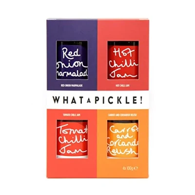 Image of What A Pickle Gift Box Includes: 4 x 100g Jars of Red Onion Marmalade, Tomato Chilli Jam, Carrot &amp; Coriander Relish and Hot Jam Gluten Free Ideal for Cheeseboards