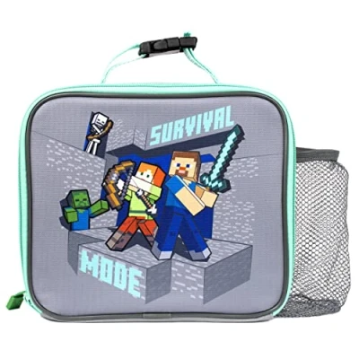 Image of Minecraft Kids Lunch Bag Video Game Steve &amp; Alex Box Mesh Pocket Clip Carry Handle Gifts Official Merchandise