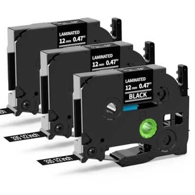 Image of MarkField Compatible Laminated Label Tape Replacement for Brother P Touch TZ TZe 335 PT P300BT P300 Cube D210VP H107B H105 H107 H101C H100LB/R 1005 1250 E110 White on Black 12mm x 8m 3 Pack