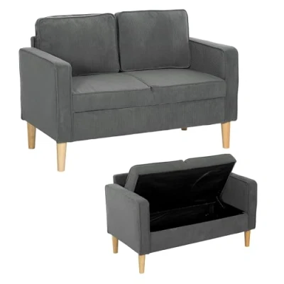 Image of HOMCOM Compact 2 Seater Sofa with Under Seat Storage, Loveseat Solid Wood Legs, Corduroy Small Couch Settee for Living Room, Bedroom, Home Office, 117 x 63 79cm, Grey
