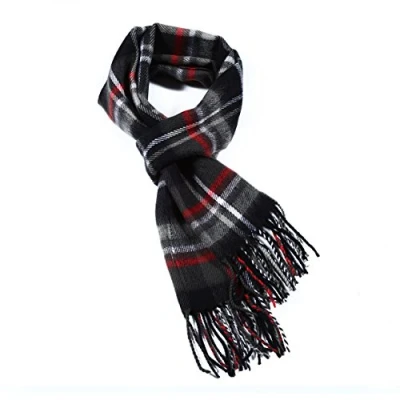 Image of A.WAVE Softer than Cashmere Wool Touch Tassel Ends Plaid Check Solid Scarf (BLACK &amp; RED)