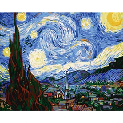 Image of Awesocrafts Paint by Numbers Kits, Starry Night Van Gogh Number Painting for Adults and Kids 16x20 inch Framed or Not (Starry Night, No Frame)