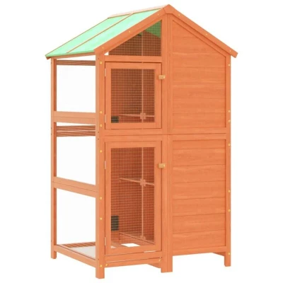 Image of vidaXL Large Bird House Solid Pine Wood Parrot Outdoor Aviary with Water Resistant Roof and Easy to Clean Tray, Rustic Brown