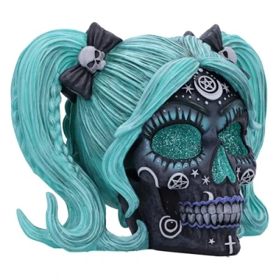 Image of Nemesis Now Drop Dead Gorgeous Cute and Cosmic Figurine 19.5cm, Resin, Witchy Doll Skull Ornament, Female Turqoise Black with Glitter Eyes, Cast in the Finest Expertly Hand Painted