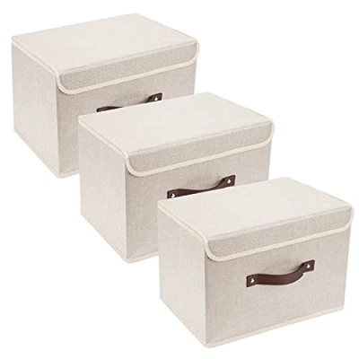 Image of TYEERS Collapsible Storage Box with Lid, Fabric for Clothes, Wardrobe Storage, 38x25x25 cm, Set of 3, Beige