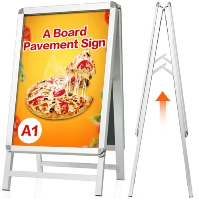 Image of VAIIGO A Board Pavement Sign Frame A1 Double Side with Aluminum Snap Stand for Outdoor Heavy Duty Poster Menu Advertising Display Stand, Silver