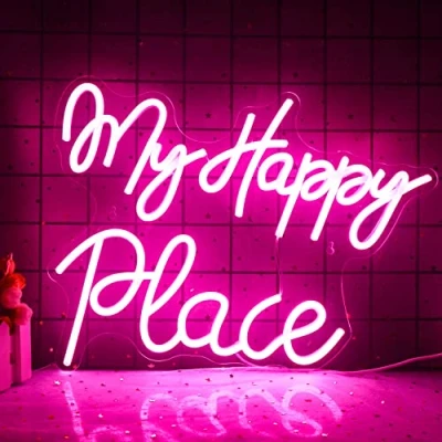 Image of My happy place Neon Sign, Pink Letter Signs for Wall Decor, Led Lights with USB Powered Bedroom, Gameroom, Bar, Party