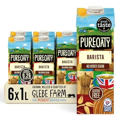 Image of Glebe Farm Gluten Free PureOaty Oat Milk, Barista Grade For a Perfect Microfoam, Healthy Dairy Coffee Creamer &amp; High Protein Drink, Made With 100% British Oats, Tasty Milk,6 x 1 litre