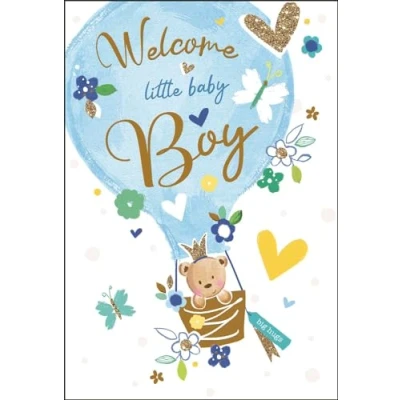 Image of New Baby Boy Congratulations Card Welcome Little Teddy Bear and Hot Air Balloon Special Finishes Made in the UK