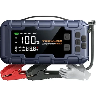 Image of TREKURE 7 IN 1 6000A Jump Starter Power Pack with 160PSI Air Compressor, PD45W Charger Car Battery Booster (all Gas/12L Diesel), Bank, Gloves, Lights, QC3.0
