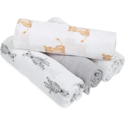 Image of aden + anais essentials 100% Cotton Muslin Swaddle &amp; Receiving Blanket for Baby Girls Boys, 112x112cm, Newborn Swaddling Set, Infant Toddler Shower Gift, 4 Pack, safari babes