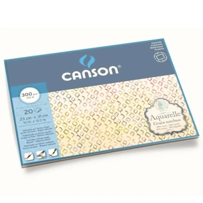 Image of CANSON Aquarelle Watercolour Rough 300gsm Paper, Block Glued 4 Sides, 23x31cm Natural White 20 Sheets, Ideal for Professional Artists