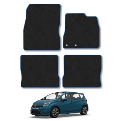 Image of Car Mats Compatible with Nissan Note (2013+) Tailored Fit Blue Trimmed Carpet Floor Mat Set Accessory Black Custom Fitted 4 Pieces Clips Anti Slip Backing &amp; Trim Edging