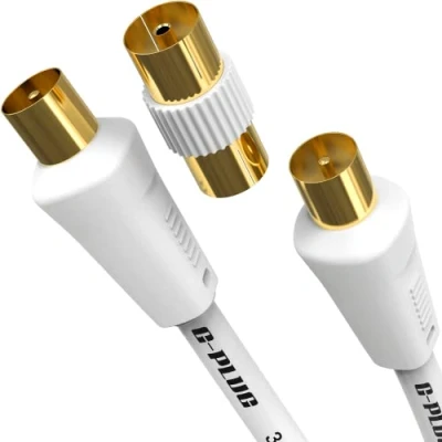 Image of 3m Long TV Aerial Cable with Plug Adapter Coaxial Satellite Antenna AV Lead Male to RF Connector Coax Extension Gold FreeView, FreeSat, Sky Box, BT