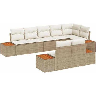 Image of 8 Piece Garden Sofa Set with Cushions Beige Poly Rattan Acacia Vidaxl