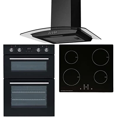 Image of SIA 60cm Black Built in Double Fan Oven, 4 Zone Touch Control Induction Hob &amp; Curved Extractor