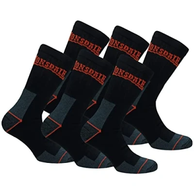 Image of Lonsdale 6 Pairs Crew Work Socks Mid Calf Lenght Heel Toe Reinforcement Terry Cotton (Black, 9 11)
