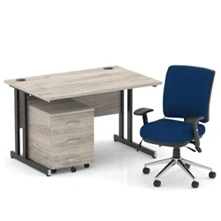 Image of Impulse 1200 Desk Grey Oak/Black Cantilever 3 Dr Mobile Ped Blue Chair