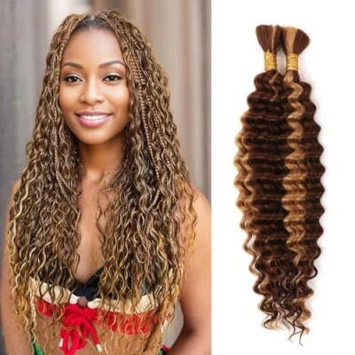 Image of Boho Braids Human Hair Extensions 100g 2 Bundles No Weft Braiding For Knotless Wet and Wavy Deep Wave Bulk Women (P4/27#, 14 Inch(50g/Bundle x2))