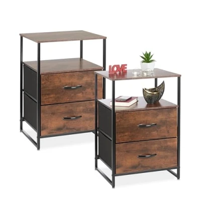Image of Relaxdays Industrial Bedside Table, Set of 2, HWD: 70 x 45 42.5 cm, 2 Drawers, Nightstand for Bedroom, Black/Brown, Fibreboard