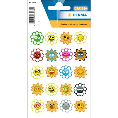Image of HERMA 3668 Stickers Smiley Flowers Small Large Pack of 20 Reward with Funny Emoji Face Motif, Children&#039;s Labels for School Primary Students Diary Scrapbooking Birthday Decoration DIY