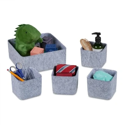 Image of Relaxdays Organiser, 5 Piece Storage Baskets for Cabinet, Wardrobe, Drawer etc, Made of Felt, in 2 Sizes, Grey, teiliger