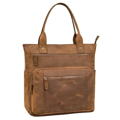 Image of STILORD &#039;Bonnie&#039; Real Leather Tote Bag with Zip Large for Women Shoulder Multiple Compartments 15.6 Inch Laptop Office University Shopper Genuine Leather, Colour:tan dark brown