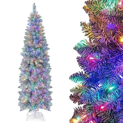 Image of COSTWAY 5FT/6FT Pre Lit Artificial Christmas Tree, Hinged Slim Pencil Xmas Tree with 343/475 Branch Tips and 190/250 Multi Color LED Lights, Holiday Office Home Decor（6FT, Green + White）