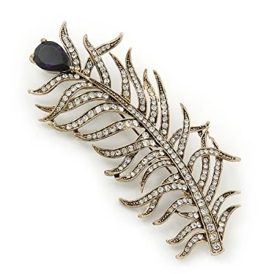 Image of Avalaya Large Vintage Inspired &#039;Peacock Feather&#039; Brooch in Antique Gold Metal (Deep Purple/Clear) 90mm Length