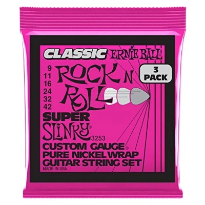 Image of Ernie Ball Super Slinky Classic Rock n Roll Pure Nickel Electric Guitar Strings 3 Pack 9 42 Gauge
